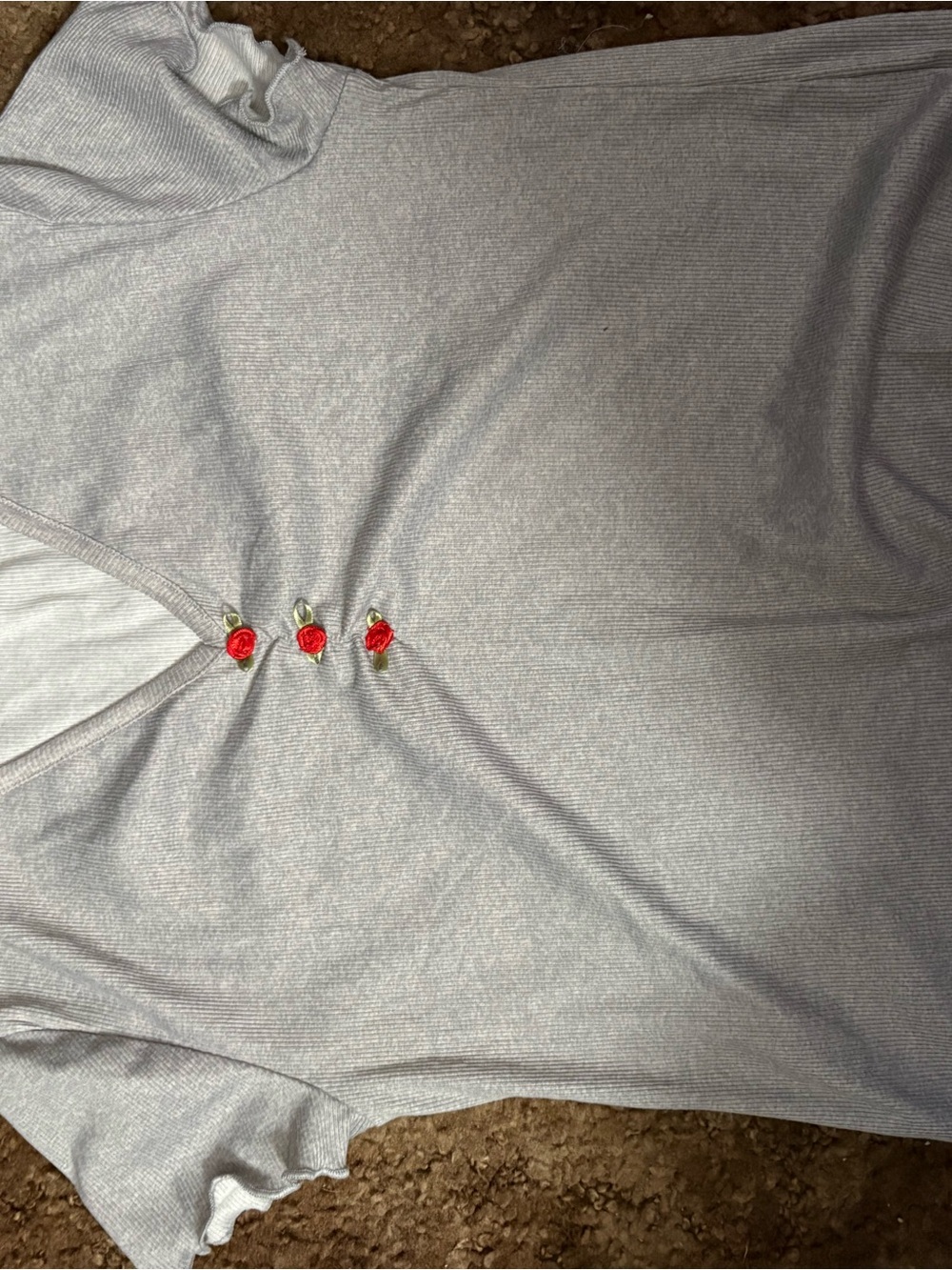 LG Light Gray Ribbed V-Neck Tee with Small Red Rose Details